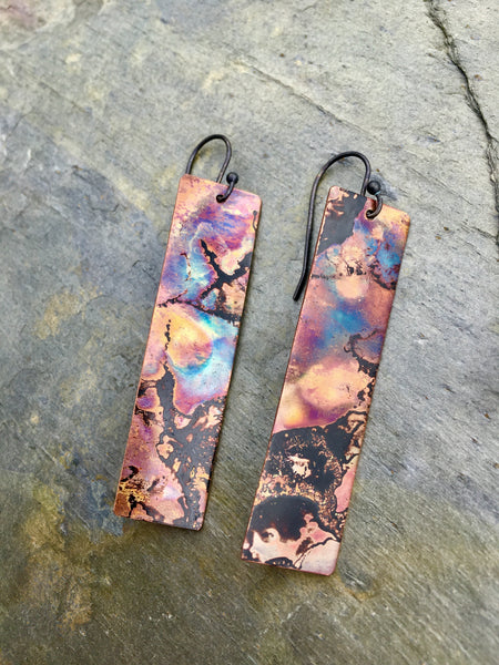 firepainted earrings, copper earrings, flame painted copper earrings, flame painted earrings, flame painted jewelry, firepainted jewelry, firepainted copper earrings