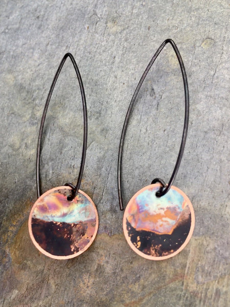 firepainted earrings, copper earrings, flame painted copper earrings, flame painted earrings, flame painted jewelry, firepainted jewelry, firepainted copper earrings