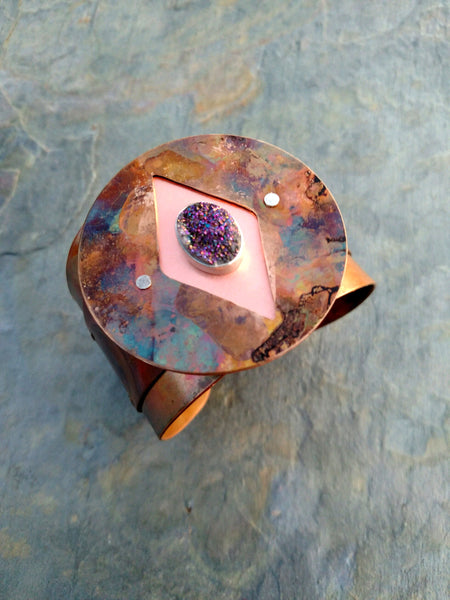 firepainted copper cuff, riveted cuff, druzy, flame painted copper cuff, firepainted copper bracelet, bezel set druzy, flame painted copper jewelry